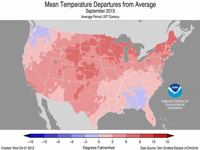 Much of the western and northern Corn Belt saw temperatures more the 6 degrees Fahrenheit above average in September 2015. (NOAA graphic)